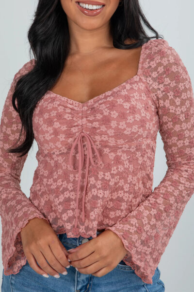 Peach Blossom Drawstring Knot Detail Floral Lace Blouse