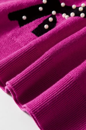 Bright Pink Pearl Embellished Bow Pattern Loose Sweater - Image 11