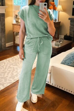 Canton Cuffed Short Sleeve Tee Raw Seam Patch Pocket Drawstring Pants Set - Image 3