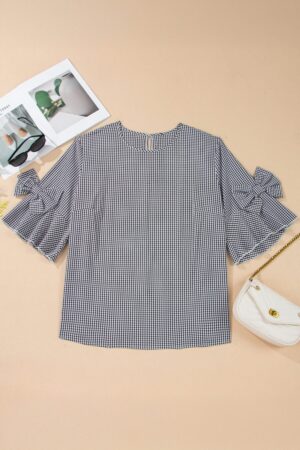 Black Plus Size Plaid Bow Decor Bell Sleeve Round Neck Jumper - Image 3