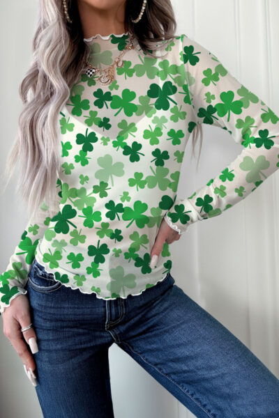 Green Lucky Shamrock Lettuce Trim High Neck Mesh Long Sleeve Top