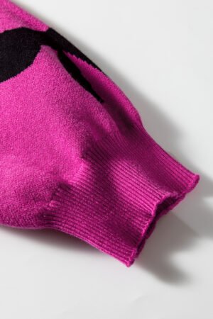 Bright Pink Pearl Embellished Bow Pattern Loose Sweater - Image 8