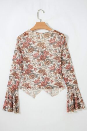 Red Floral Print Stitched Detail Tie V Neck Long Bell Sleeve Blouse - Image 9