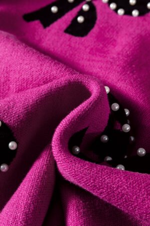 Bright Pink Pearl Embellished Bow Pattern Loose Sweater - Image 10