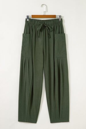 Jungle Green Drawstring Elastic Waist Patch Pocket Barrel Leg Casual Pants - Image 6