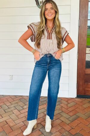 Khaki Stripe Double Ruffled Short Sleeve V Neck Blouse - Image 4