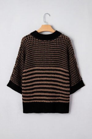Black Stripe 3/4 Draped Sleeve Slouchy Sweater - Image 6