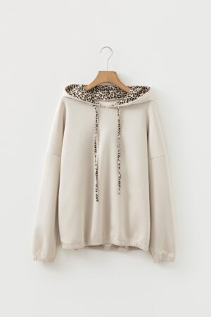 Jet Stream Leopard Contrast Drawstring Hood Drop Shoulder Loose Top - Image 4