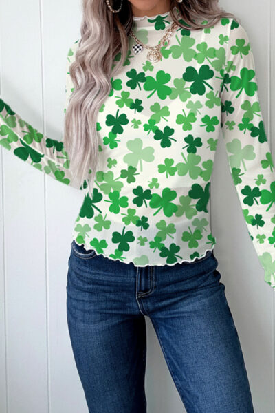 Alternative view of Green Lucky Shamrock Lettuce Trim High Neck Mesh Long Sleeve Top