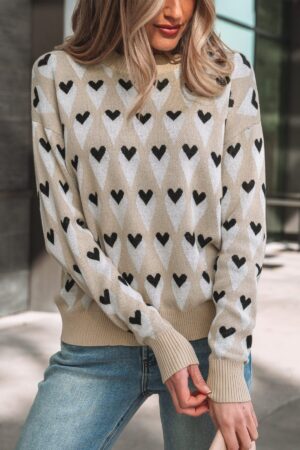 Parchment Geometric Heart Print Ribbed Trim Loose Sweater - Image 18