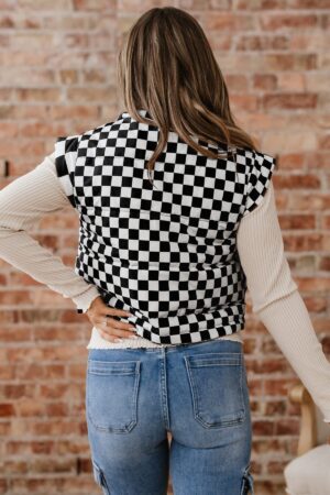 Black Double Checked Stand Collar Cropped Puffer Vest - Image 13