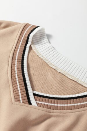 Parchment Varsity Contrast Striped Trim V Neck Sweatshirt - Image 7