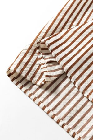 Khaki Stripe Double Ruffled Short Sleeve V Neck Blouse - Image 13