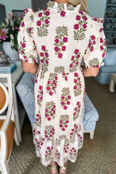 Alternative view of Beige Floral Short Bubble Sleeve Tiered Maxi Dress