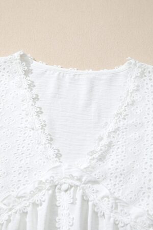 White Solid Color Floral Guipure Lace Patchwork Frilled Long Sleeve Blouse - Image 12