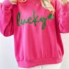 Rose Red Lucky Clover Embroidered Loose Pullover Sweatshirt