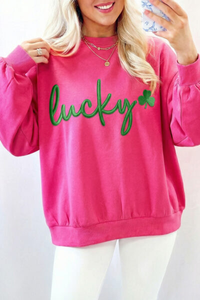 Rose Red Lucky Clover Embroidered Loose Pullover Sweatshirt