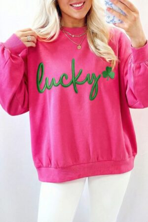 Rose Red Lucky Clover Embroidered Loose Pullover Sweatshirt