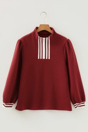 Racing Red Rhombus Textured Striped Patchwork Zip Neck Pullover Sweatshirt - Image 4