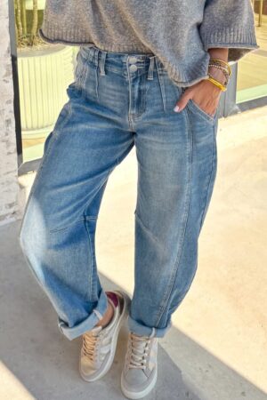 Sky Blue Medium Wash Cuffed Barrel Jeans - Image 4