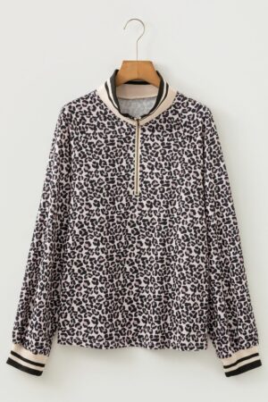 Khaki Leopard Print Half Zip up Blouse - Image 4