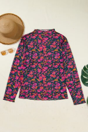 Rose Plus Size Vintage Floral Print Mesh Long Sleeve Top - Image 3