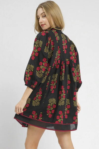 Alternative view of Black Floral Print Notched Neck Piping Trim Bracelet Sleeve Babydoll Dress