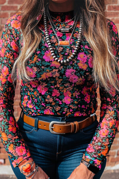 Rose Plus Size Vintage Floral Print Mesh Long Sleeve Top