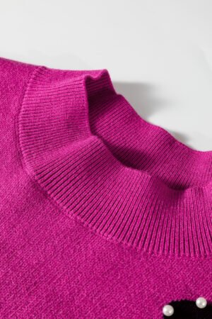 Bright Pink Pearl Embellished Bow Pattern Loose Sweater - Image 9