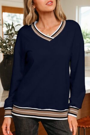 Navy Blue Varsity Contrast Striped Trim V Neck Sweatshirt - Image 12