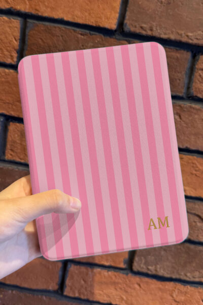 Personalized Pink Stripe Kindle Case with Custom Gold Letter