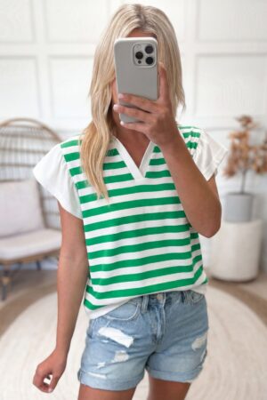 Green Stripe Collar V Neck Ruffled Short Sleeve Blouse - Image 3