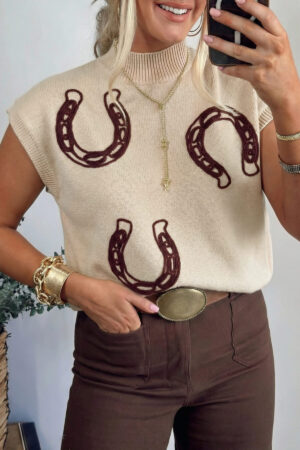 Parchment Corded Horseshoes Ribbed Trim Mock Neck Short Sleeve Sweater - Image 6