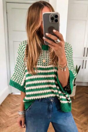 Green Stripe 3/4 Draped Sleeve Slouchy Sweater - Image 5