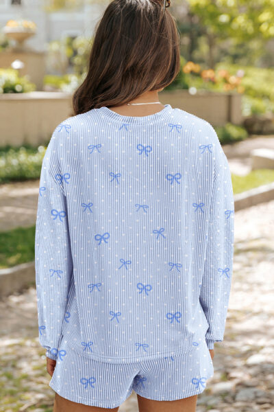 Alternative view of Sky Blue Valentines Bow Print Twisted Rib Loose Long Sleeve Top 2pcs Short Set