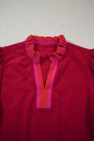 Fiery Red Striped Frilled Collar Ruffled Short Sleeve Blouse - Image 6