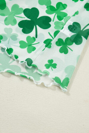 Green Lucky Shamrock Lettuce Trim High Neck Mesh Long Sleeve Top - Image 8