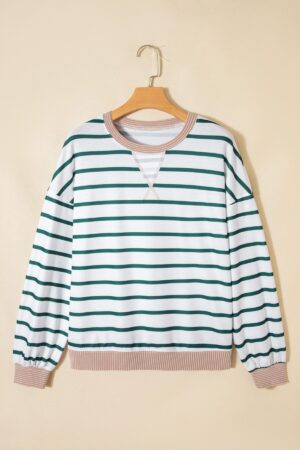 White Stripe Twisted Ribbed Patchwork Drop Shoulder Round Neck Sweatshirt - Image 6