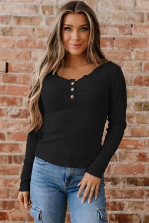 Black Lace Neckline Button Decor Lettuce Edge Long Sleeve Ribbed Top - Image 19