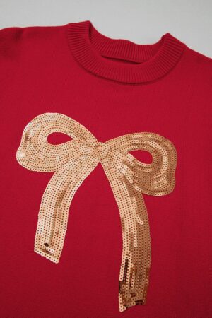 Fiery Red Sequined Bow Graphic Christmas Holiday Sweater - Image 14