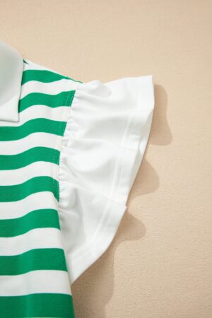 Green Stripe Collar V Neck Ruffled Short Sleeve Blouse - Image 7