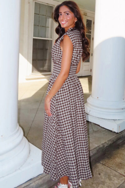 Alternative view of Coffee Plaid Print Full Zipper Cinched Waist Fit Flare Sleeveless Maxi Dress