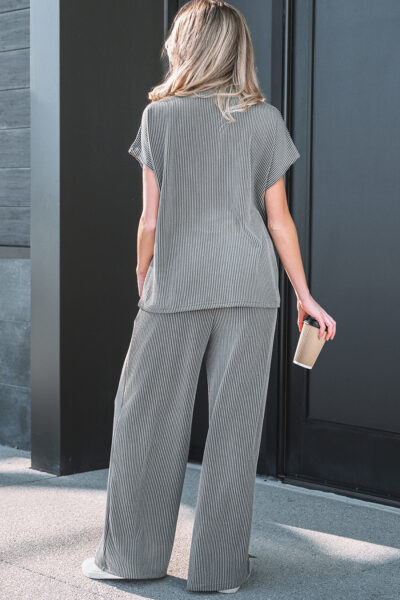 Alternative view of Dark Grey Twisted Ribbed High Neck Loose Tee Elastic High Waist Loose Pant Set