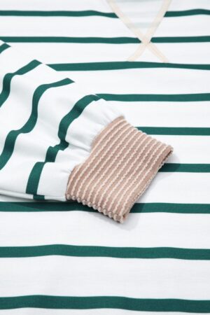 White Stripe Twisted Ribbed Patchwork Drop Shoulder Round Neck Sweatshirt - Image 11