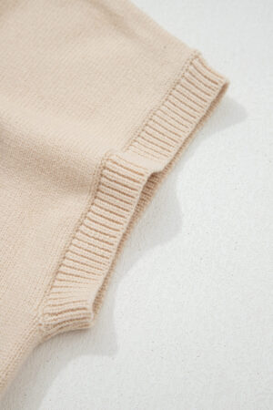 Parchment Corded Horseshoes Ribbed Trim Mock Neck Short Sleeve Sweater - Image 4