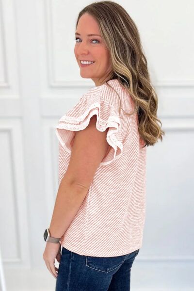 Alternative view of Light Pink Twilled Print Lace Trim Ruffled Short Sleeve Blouse