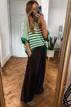 Green Stripe 3/4 Draped Sleeve Slouchy Sweater - Image 4