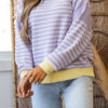 Purple Stripe Contrast Trim Colorblock Patchwork Drop Shoulder Knit Top