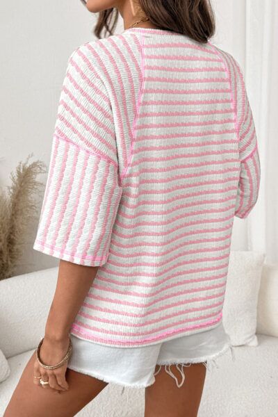 Alternative view of Pink Stripe Textured Knit Split Hem Half Sleeve Loose Top
