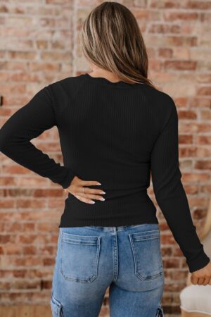 Black Lace Neckline Button Decor Lettuce Edge Long Sleeve Ribbed Top - Image 16